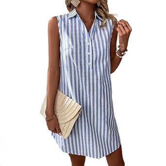 Womens Button Down Dress Casual V Neck Sleeveless Stripe A-Line Sundresses Vacation Beach Dresses