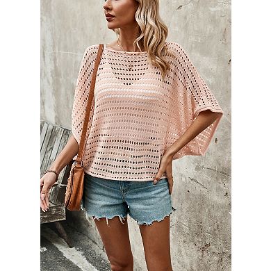Women's Batwing Sleeve Knit Top Hollow Out Loose Fit Casual T-Shirt