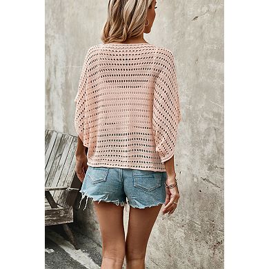 Women's Batwing Sleeve Knit Top Hollow Out Loose Fit Casual T-Shirt