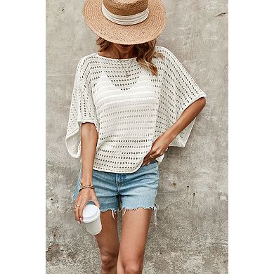 Women's Batwing Sleeve Knit Top Hollow Out Loose Fit Casual T-Shirt