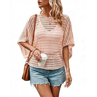 Women's Batwing Sleeve Knit Top Hollow Out Loose Fit Casual T-Shirt