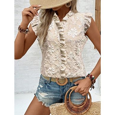 Womens Ruffle Cap Sleeve Floral Jacquard Blouse V Neck Button Front Ruffle Trim Casual Elegant Shirt