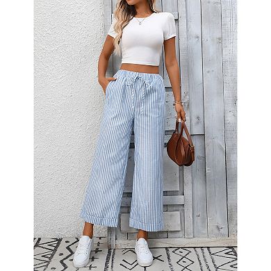 Women Striped Pants High Waisted Straight Leg Pull on Elastic Waist Casual Pants
