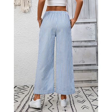 Women Striped Pants High Waisted Straight Leg Pull on Elastic Waist Casual Pants