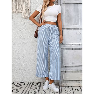 Women Striped Pants High Waisted Straight Leg Pull on Elastic Waist Casual Pants