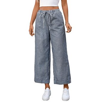 Women Striped Pants High Waisted Straight Leg Pull on Elastic Waist Casual Pants