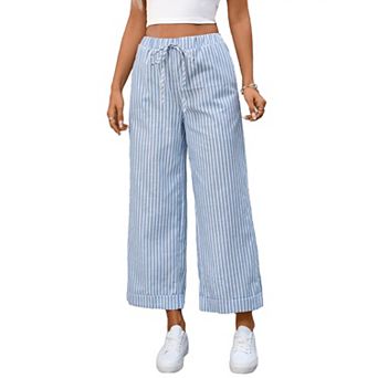 Women Striped Pants High Waisted Straight Leg Pull on Elastic Waist Casual Pants
