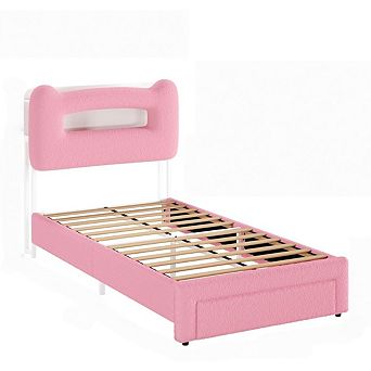 LED Bed Frame with 2 tier Storage Headboard, Upholstered Platform Bed with Charging Station