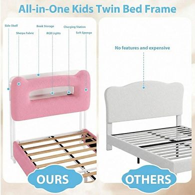 LED Bed Frame with 2-Tier Storage Headboard, Upholstered Platform Bed with Charging Station