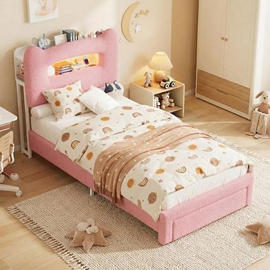 LED Bed Frame with 2-Tier Storage Headboard, Upholstered Platform Bed with Charging Station