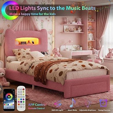 LED Bed Frame with 2-Tier Storage Headboard, Upholstered Platform Bed with Charging Station