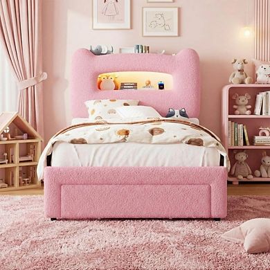 LED Bed Frame with 2-Tier Storage Headboard, Upholstered Platform Bed with Charging Station