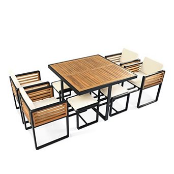 Eazegath 9 pc Outdoor Acacia Wood and Metal Square Dining Set with 4 Chairs and 4 Ottomans