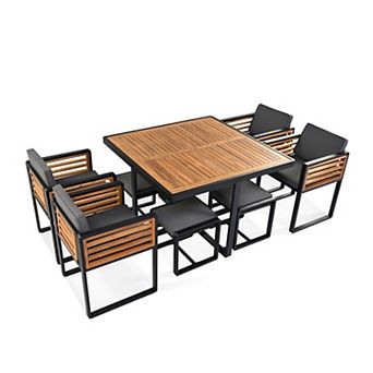 Eazegath 9 pc Outdoor Acacia Wood and Metal Square Dining Set with 4 Chairs and 4 Ottomans
