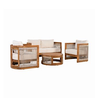 Eazegath 4 pc Outdoor Acacia Wood Conversation Sofa Set Patio Seating Group with Coffee Table