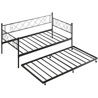 Daybed with Trundle, Metal Daybed Sofa Bed Frame with Headboard, Pop Up Trundle Bed, Metal Slats