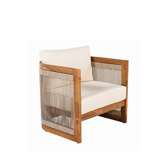 Eazegath Outdoor Acacia Wood Curved Tub Club Sofa Chair with Woven Rope and Cushions