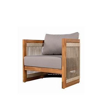 Eazegath Outdoor Acacia Wood Curved Tub Club Sofa Chair with Woven Rope and Cushions
