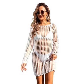 Women Swimsuit Cover Up Crochet Bathing Suit Summer Swimwear Crew Neck Mesh Knit Beach Dress
