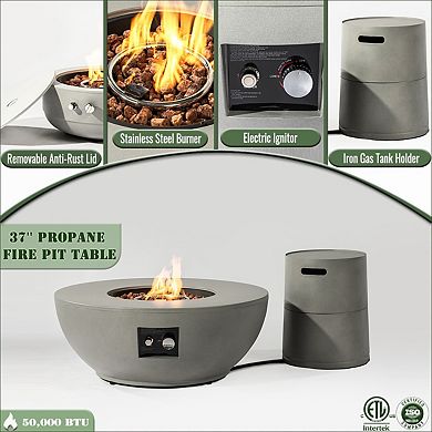 Eazegath 37" 50000 BTU Outdoor Grey Round Steel Propane Fire Pit Table with Tank Cover