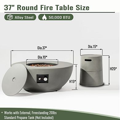 Eazegath 37" 50000 BTU Outdoor Grey Round Steel Propane Fire Pit Table with Tank Cover