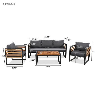Eazegath 4-Piece Outdoor Metal and Wood Conversation Sofa Set with Coffee Table and Cushions