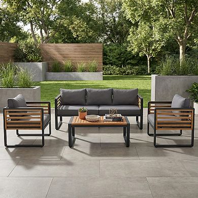 Eazegath 4-Piece Outdoor Metal and Wood Conversation Sofa Set with Coffee Table and Cushions
