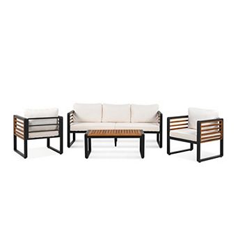 Eazegath 4 pc Outdoor Metal and Wood Conversation Sofa Set with Coffee Table and Cushions