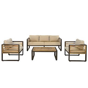 Eazegath 4 pc Outdoor Metal and Wood Conversation Sofa Set with Coffee Table and Cushions