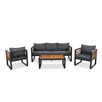 Eazegath 4 pc Outdoor Metal and Wood Conversation Sofa Set with Coffee Table and Cushions