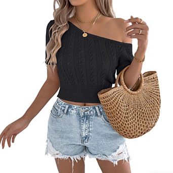 Women Hollow Out Crochet Cable Knit Cropped Shirt One Shoulder Short Sleeve Top Summer Casual Blouse