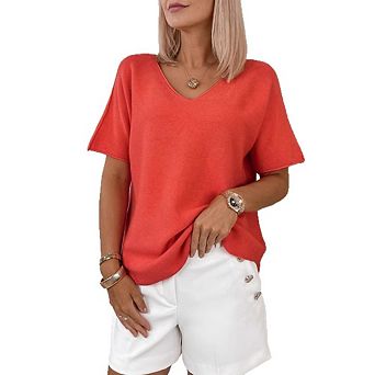 Womens Short Sleeve Sweater V Neck Casual Knit Shirts Lightweight Pullover Top