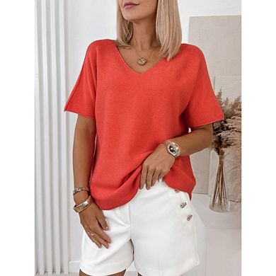 Womens Short Sleeve Sweater V Neck Casual Knit Shirts Lightweight Pullover Top