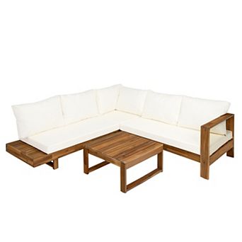 Eazegath 4 pc Outdoor Acacia Wood Sectional Sofa Set with Coffee Table and Cushions