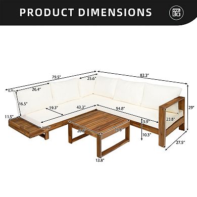 Eazegath 4-Piece Outdoor Acacia Wood Sectional Sofa Set with Coffee Table and Cushions