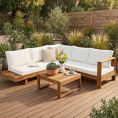 Eazegath 4-Piece Outdoor Acacia Wood Sectional Sofa Set with Coffee Table and Cushions