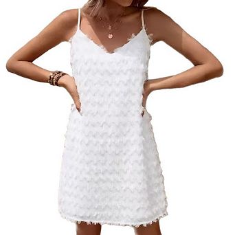 Women's Sleeveless Spaghetti Strap V Neck A Line Flowy Tassel Cami Dress Beach Casual Sundress