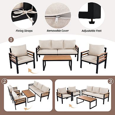 Eazegath 4-Piece Outdoor Acacia Wood and Iron Conversation Sofa Set with Coffee Table and Cushions