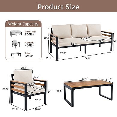 Eazegath 4-Piece Outdoor Acacia Wood and Iron Conversation Sofa Set with Coffee Table and Cushions