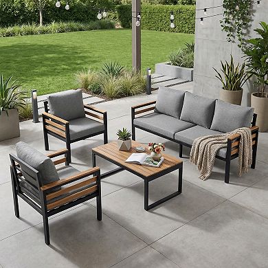 Eazegath 4-Piece Outdoor Acacia Wood and Iron Conversation Sofa Set with Coffee Table and Cushions