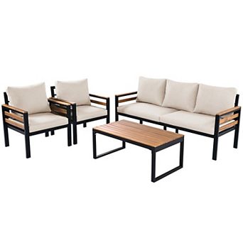 Eazegath 4 pc Outdoor Acacia Wood and Iron Conversation Sofa Set with Coffee Table and Cushions