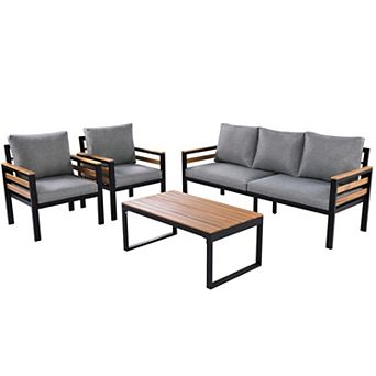 Eazegath 4 pc Outdoor Acacia Wood and Iron Conversation Sofa Set with Coffee Table and Cushions