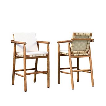 Eazegath Set of 2 Outdoor Acacia Wood Counter Height Bar Stools Armchairs with Beige Cushions