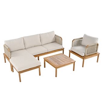 Eazegath 4 pc Outdoor Acacia Wood Conversation Sofa Set with Coffee Table and Ottoman