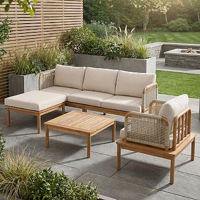 Eazegath 4-Piece Outdoor Acacia Wood Conversation Sofa Set with Coffee Table and Ottoman