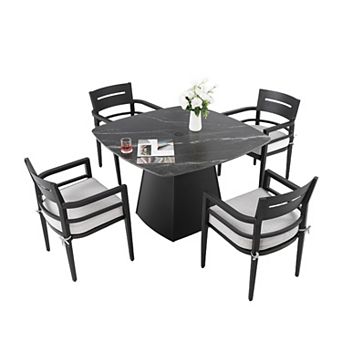 Eazegath 5 pc Outdoor Aluminum Rounded Square Dining Set with 4 Armchairs and Sunbrella Cushions