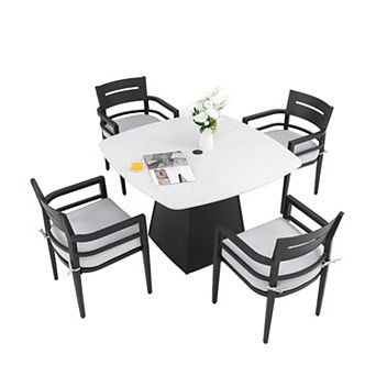 Eazegath 5 pc Outdoor Aluminum Rounded Square Dining Set with 4 Armchairs and Sunbrella Cushions