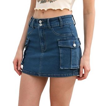 Women Denim Cargo Skirt Low Waist Slim Fit Button Bodycon Y2K Flap Pockets Mini Skirts