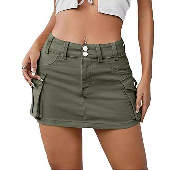 Women Denim Cargo Skirt Low Waist Slim Fit Button Bodycon Y2K Flap Pockets Mini Skirts