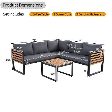 Eazegath 4-Piece Outdoor Metal and Wood L-Shaped Sectional Sofa Set with Coffee Table and Cushions